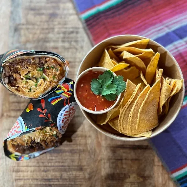 Pulled Pork Burrito Combo with Nachos & Salsa