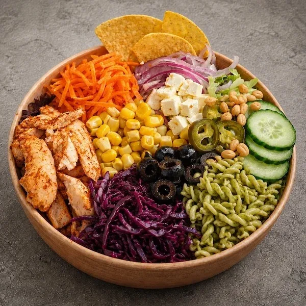 Salat bowl med kylling og pasta pesto